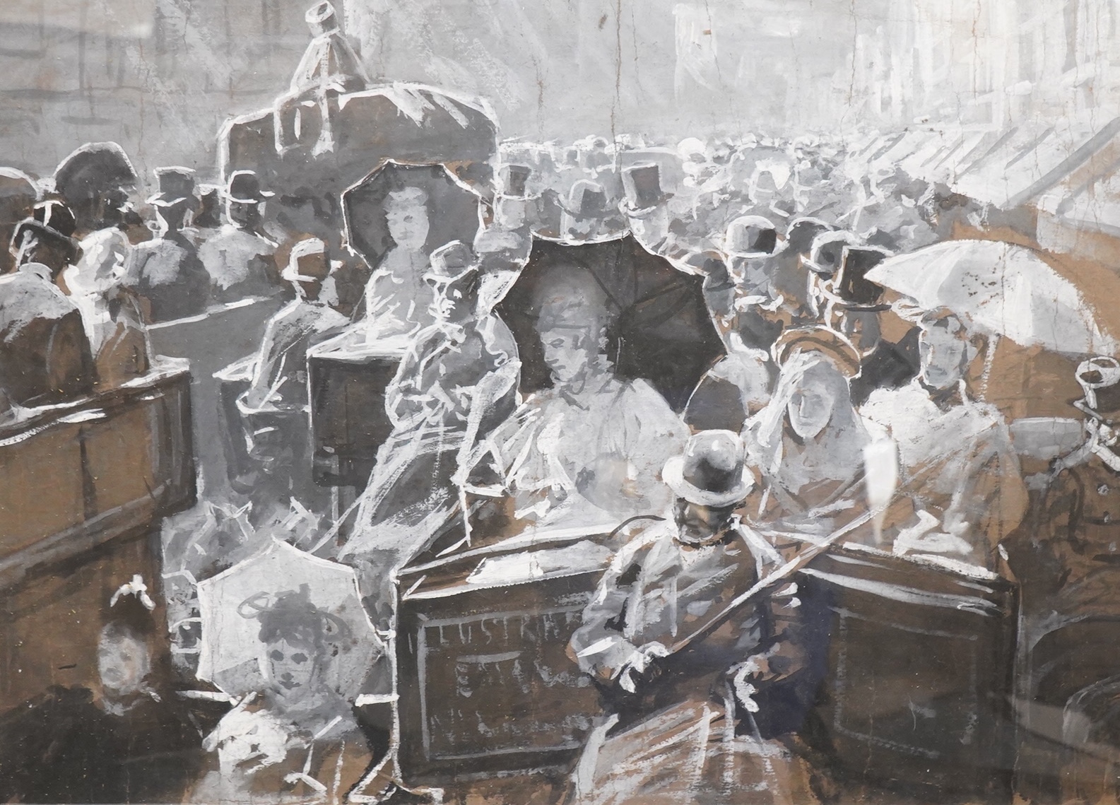 Attributed to Lucien Davis RI (1860-1941), ‘Rush Hour, Piccadilly’, unsigned, en grisaille gouache on card, 33 x 47cm, Provenance: Bonhams, London, Knightsbridge, 28th February 2006, Lot 62
